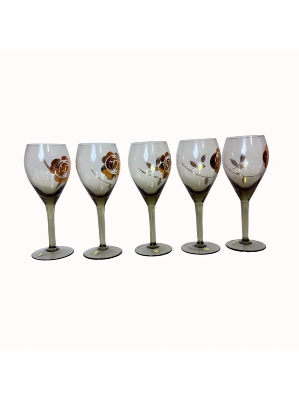 Vintage MCM Smoked Glass Barware Set Pitcher 5 Wine Glasses Gold Floral Hungary